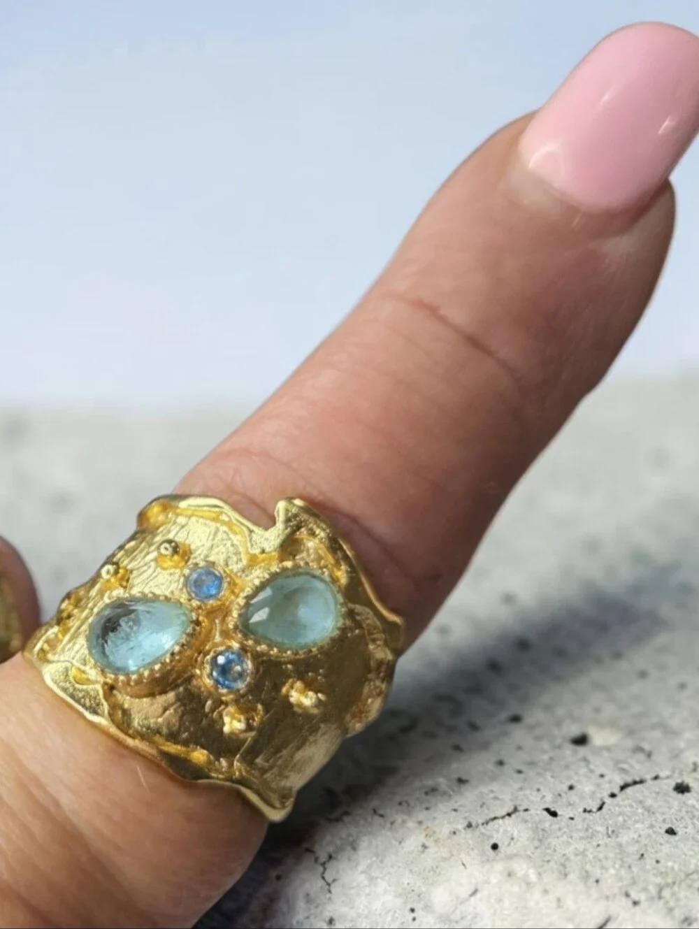24k Gold Plated Artisan Aquamarine Crystal Byzantine Wide Band Ring